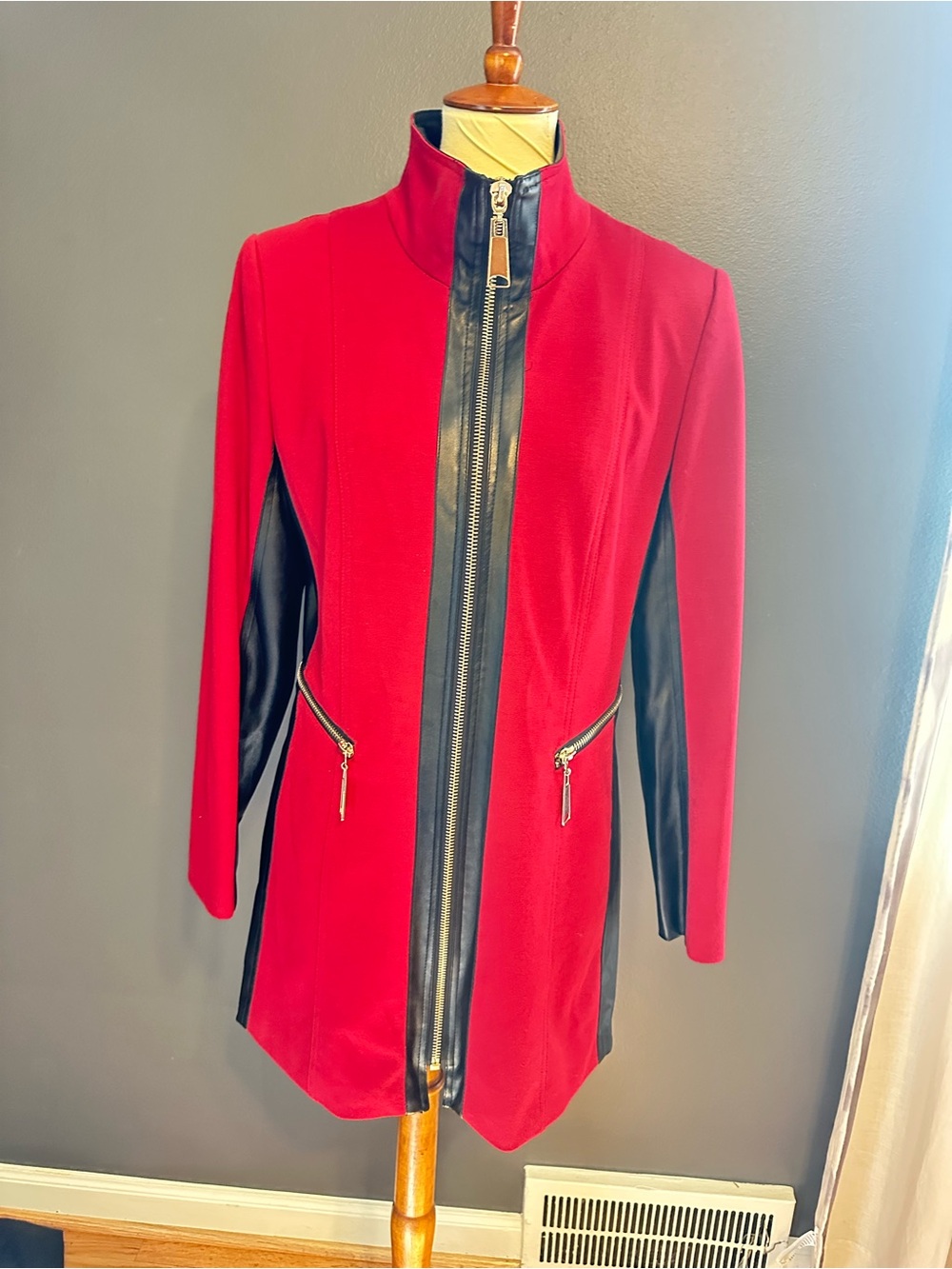Insight New York Red Black Moto Jacket Size 10 Faux Leather Long Coat